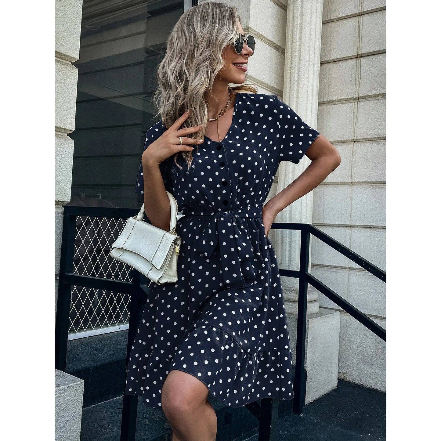 European And American Summer V Neck Short Sleeved Ruffled Polka Dot Dress